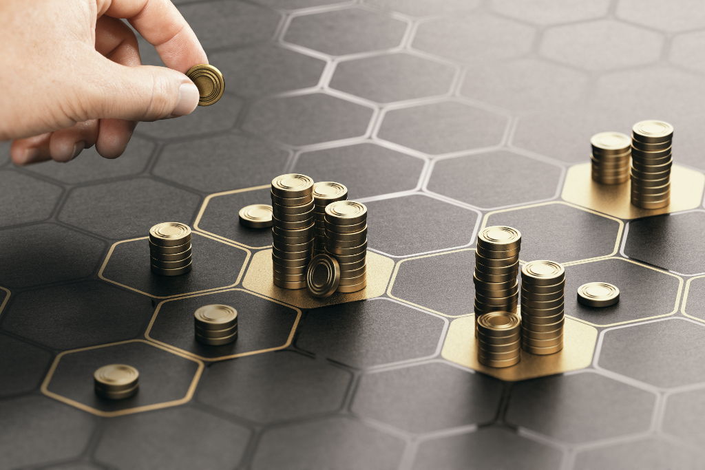 Investment management concept featuring gold coins on a hexagonal mat, black and gold
